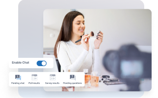 Presenter interface showing interactive webinar tools including live-style chat, timed polls, and automated offers.