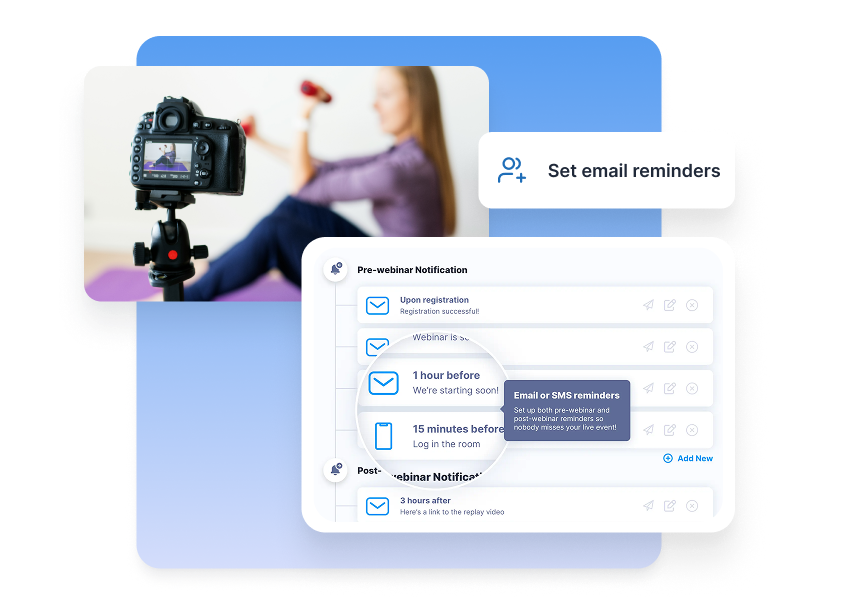Software interface for 'Reminder flows' showing a yoga instructor and a dashboard for setting automated email and SMS notification paths.