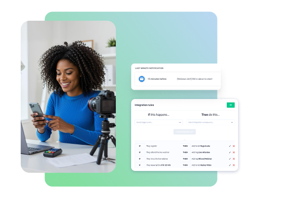 Marketing dashboard for the 'Show-Up Engine' featuring automated reminder sequences and behavioral triggers designed to maximize webinar attendance.