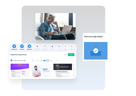 Webinar registration interface showing conversion-optimized signup page templates with localized scheduling and automated confirmation sequences.