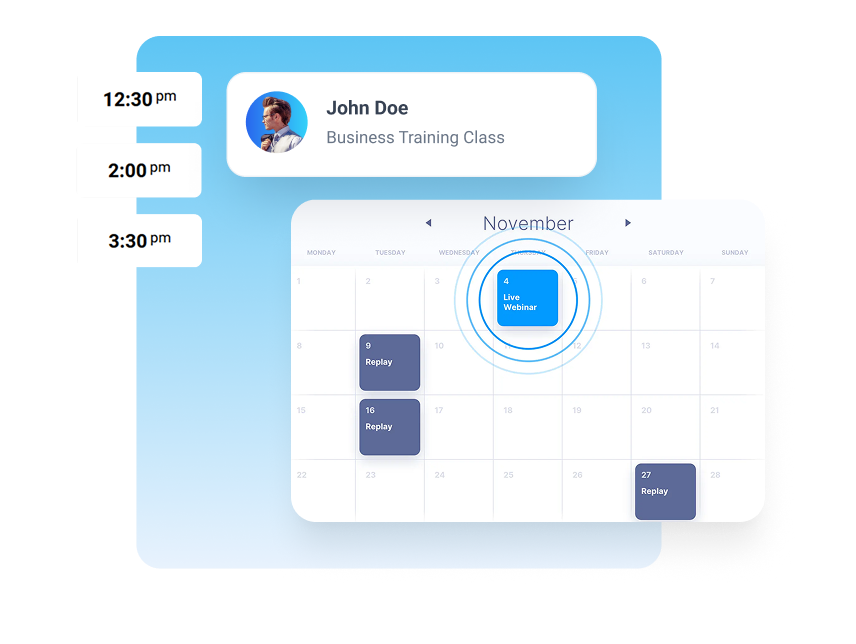 Automated webinar global scheduling interface showing a calendar with automatic localization to show attendees the correct local time for evergreen sessions.