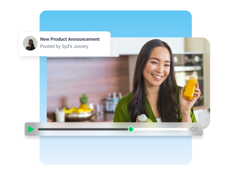 Video thumbnail of a smiling woman holding a bottle of juice, with a play bar overlay indicating a webinar or video player.