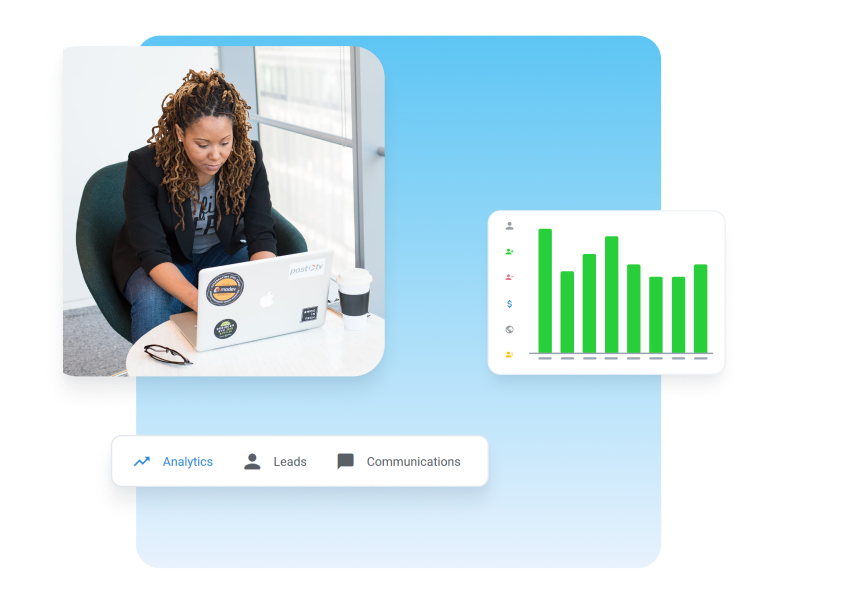 Graphic showing a woman working on a laptop with overlay elements including a bar chart and analytics dashboard icons, representing data tracking and workflow tools.