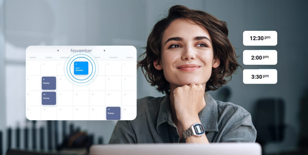 A smiling young woman rests her chin on her hand while looking up, surrounded by digital graphic overlays showing a November calendar scheduler and various time slots.
