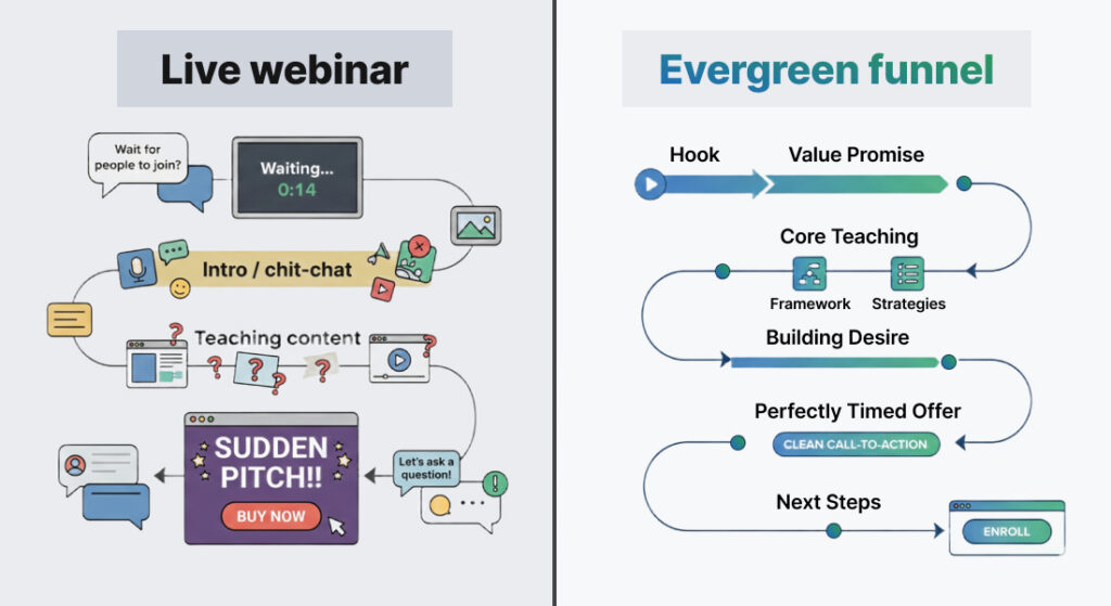 A side-by-side visual comparison showing a messy live webinar screen versus a highly optimized, clean evergreen webinar interface with an automated offer reveal.