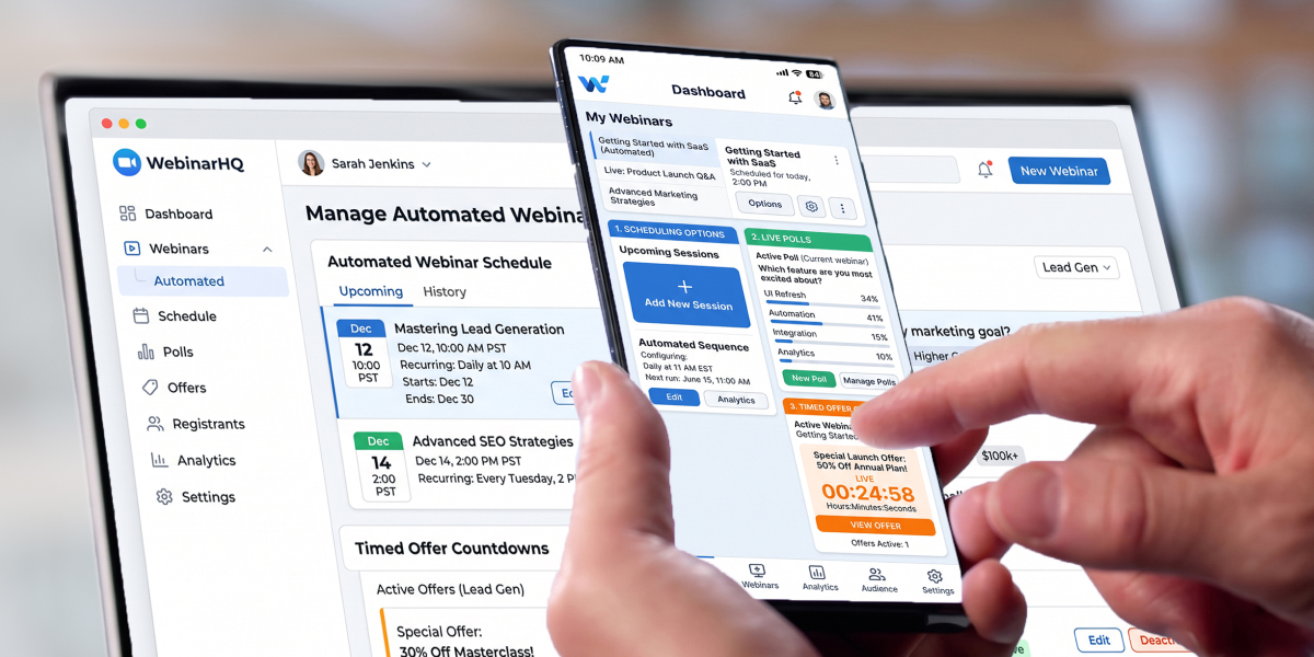 An automated webinar platform dashboard showing scheduling options, live polls, and timed offer countdowns.