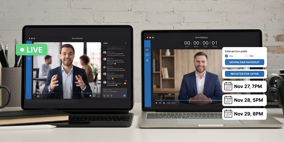 Split comparison illustration highlighting the key operational differences between live webinars and automated webinars.