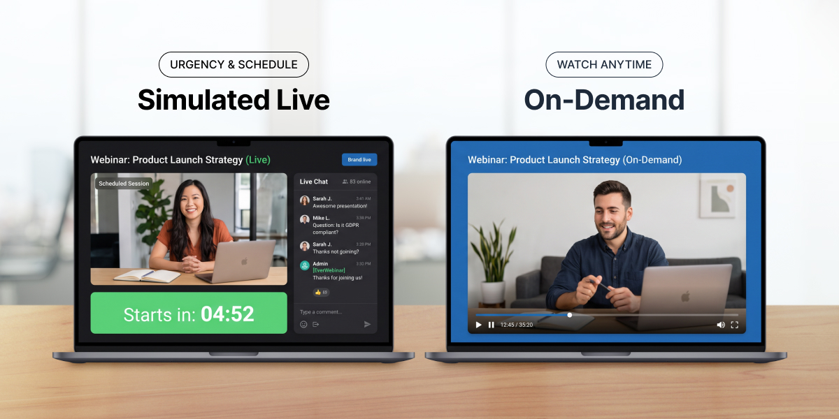 Side-by-side visual comparison between a scheduled simulated live webinar interface with countdown timer and an on-demand video player.