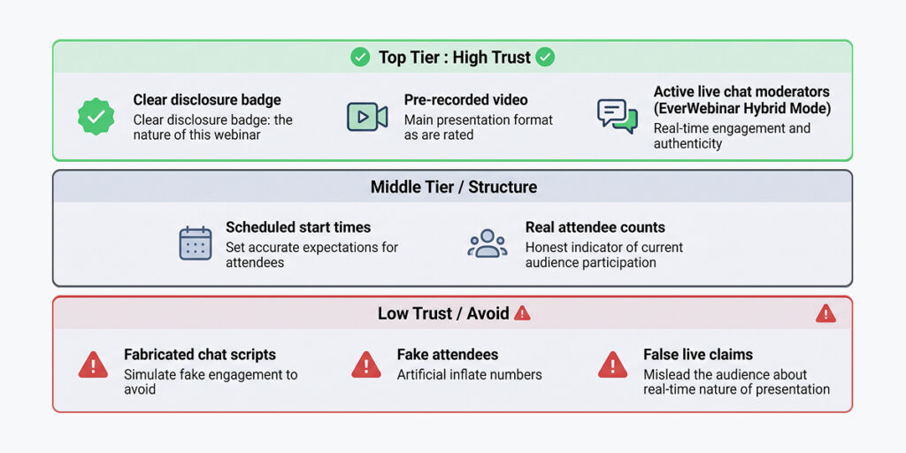 Diagram illustrating the spectrum of trust in simulated live webinars, from high-trust hybrid chat setups to low-trust fake attendee scripts.